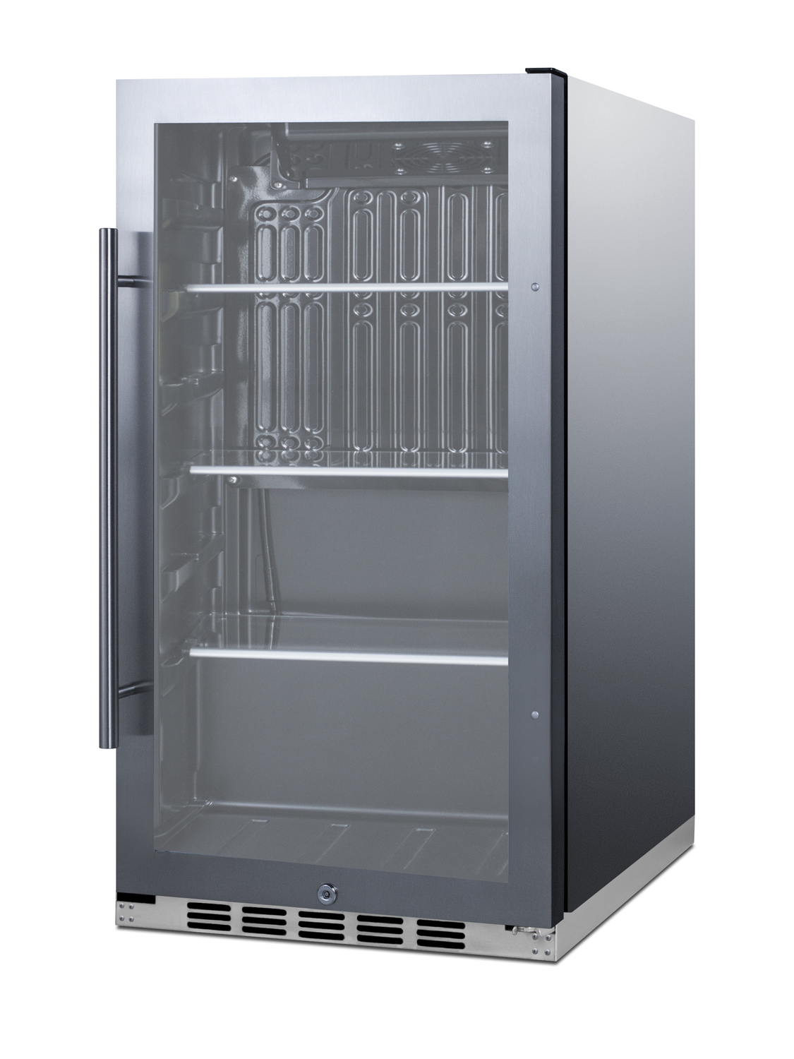 Commercially approved indoor/outdoor beverage cooler for built-in or freestanding use with a shallow 17.75